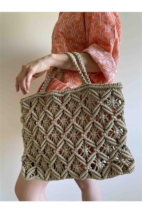 Mulia Bej Renk Makrome Plaj Çantası Büyük Boy 30x40cm