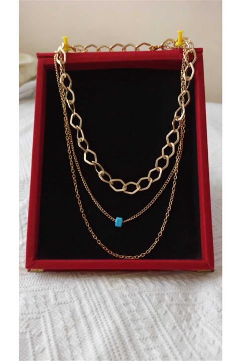 TAKIŞIK 3 Zincirli Mavi Boncuk Kolye