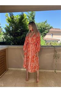 KYLEEN Nar Çiçeği Rengi Desenli Sunset Kimono