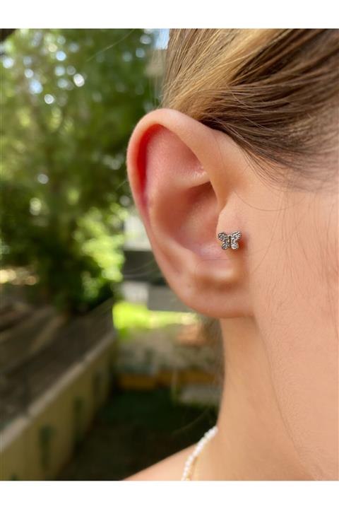 Okkostore Kadın Silver Renkli Kelebek Tragus Kıkırdak Piercing