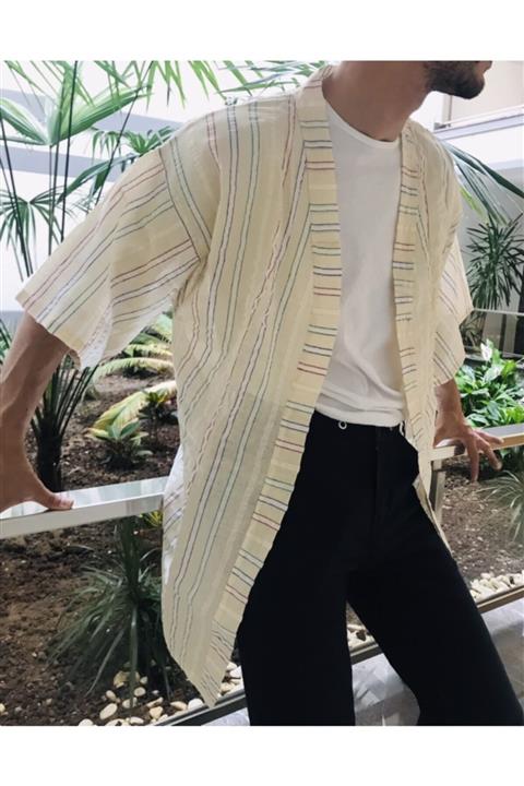 Pinart Ipek-Pamuk Dokuma Kumaştan Dikilmiş Çizgili El Yapımı Erkek Kimono Tkkp0011