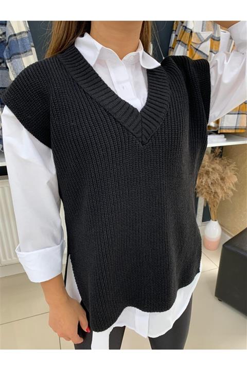 Eymen Stone Kadın Siyah  V Yaka Süveter