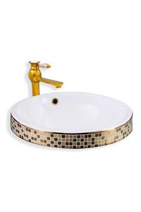 EVA BANYO Lena Yarım Tezgah Üstü Lavabo Beyaz&gold E-3053a