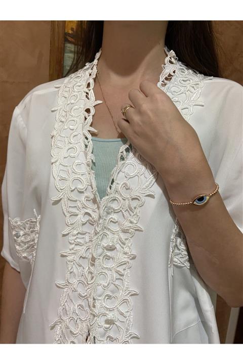 Bycisle Beyaz Nakışlı Gömlek Kimono Sabahlık