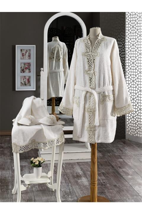 Secret House Hüma Bambu Dantelli Lüx 3 Parça Bornoz Seti