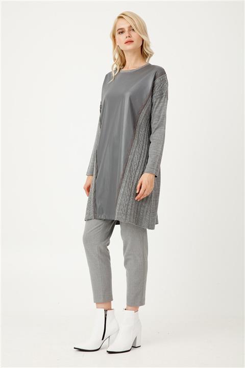 Tığ Triko Deri Kombinli Triko Tunik Gri