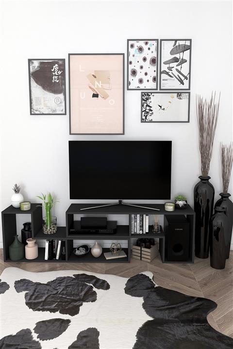 dekoronya Tetris Çok Amaçlı Fonksiyonel Siyah Konsol Kitaplık Tv Sehpası