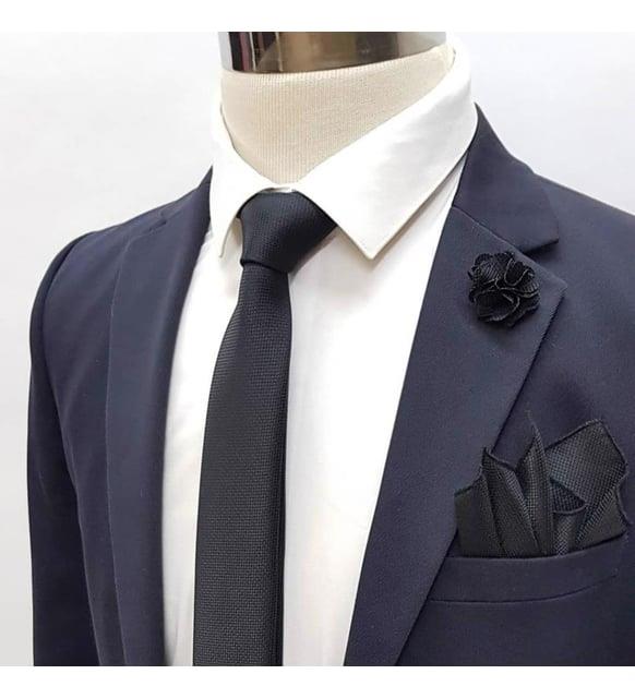 Brianze Siyah Kravat Mendil Yaka Çiçeği Set Kmd-10