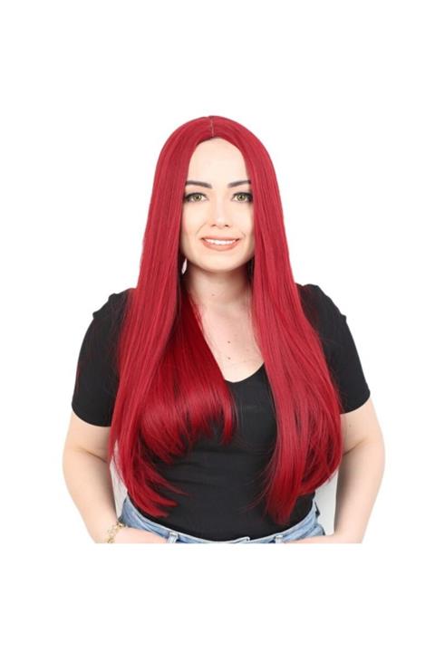 Peruk Evi Fiber Sentetik Uzun Düz Peruk - Kızıl