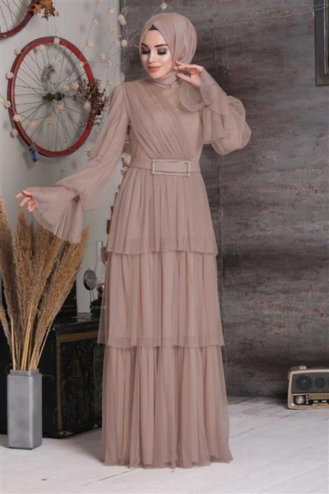Neva Style Tesettürlü Abiye Elbise - Kemerli Vizon Tesettür Abiye Elbise 21320v