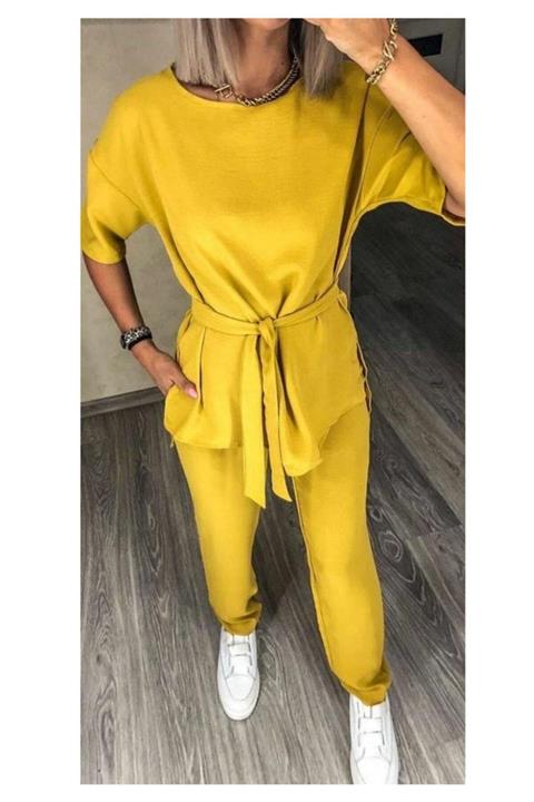 ELBİSENN Yeni Model Kadın Kuşaklı Airobin Kumaş Ikili Takım (hardal)