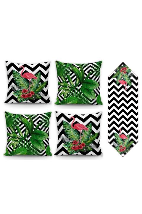 Alkan Homes Flamingo Desenli 4lü Kombin Kırlent Kılıfı Runner