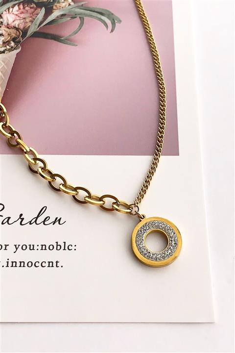 Çlk Accessories Çelik Taşlı Plaka Detay Geçmeli Zincir Çelik Kolye Trkolye5474 B34503