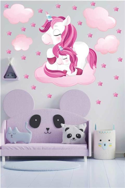 angel digital art Çocuk Odası Pembe Bulut Üzerinde Anne Unicorn ve Sevimli Yavrusu