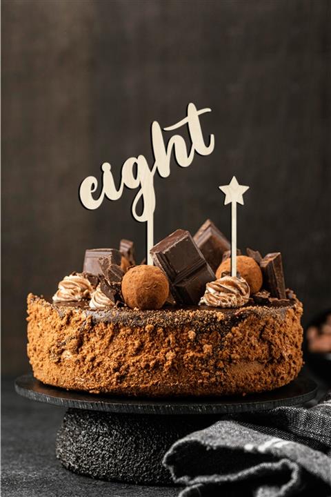 AHWALL WOODWORKING Eight Yazılı Ahşap Pasta Süsü Yıldız Süs Topper