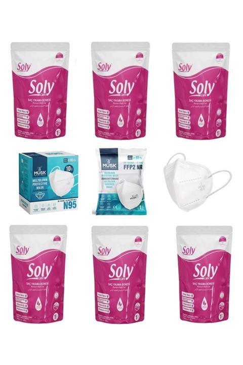 SOLY CARE Soly Saç Yıkama Bone 6 Adet + Muskmask Ffp2 Steril Beyaz Maske 1 Adet