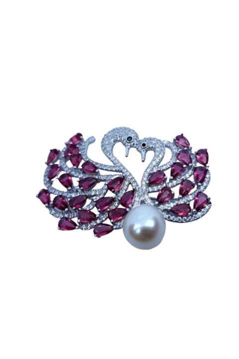 Candie Silver Çift Kuğu Model Incili 925 Ayar Gümüş Bayan Broş