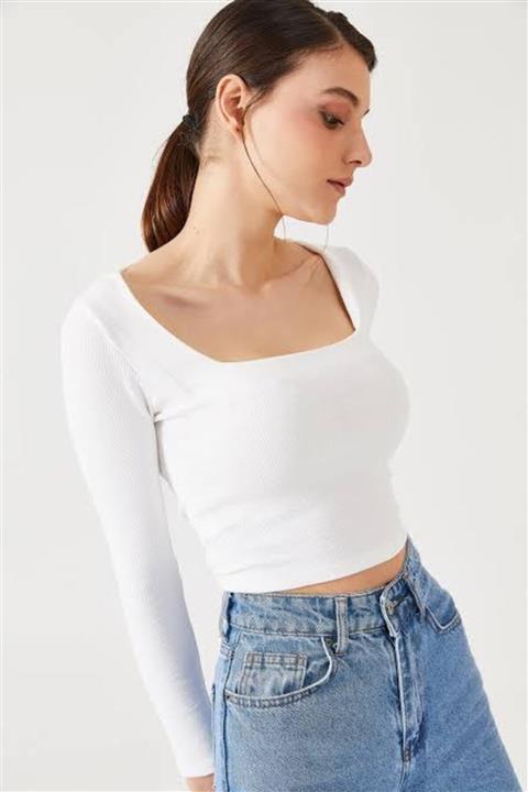 Best Style Beyaz Kare Yaka Kaşkorse Crop