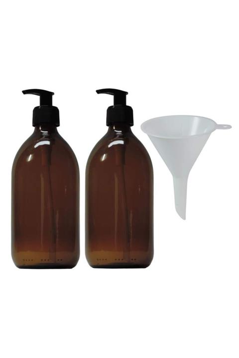 UcuzHA 500ml Amber Kahverengi Cam Sıvı Sabunluk Ve Deterjanı Şişesi Huni Hediyeli