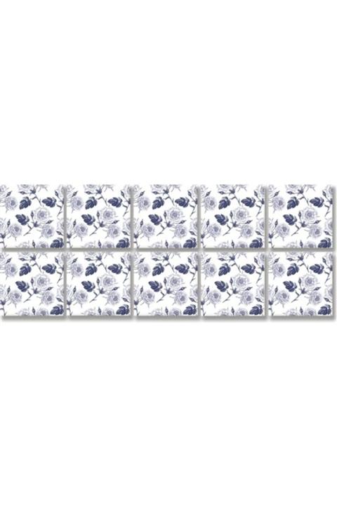 TİNK Mavi Çiçek Metraj Desenli Pvc Karo 15x15 Cm 10 'lu Paket