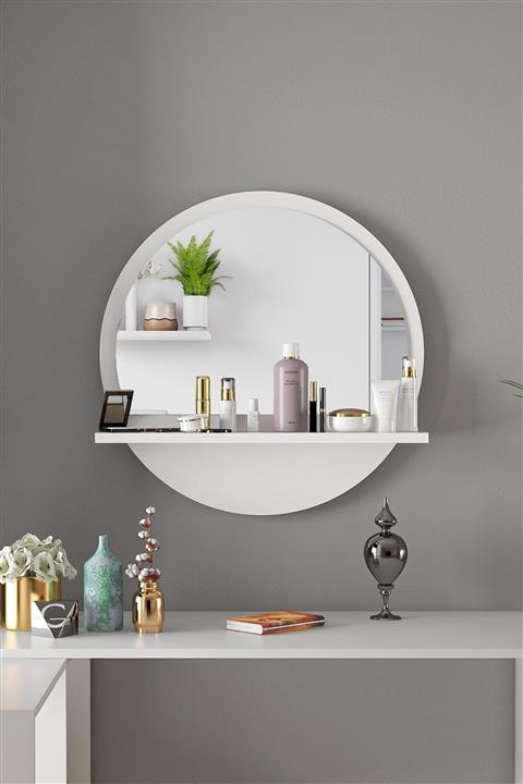 bluecape Yuvarlak Beyaz Raflı 45cm Ayna Koridor Dresuar Konsol Duvar Salon Mutfak Banyo Ofis Çocuk Yatak Oda