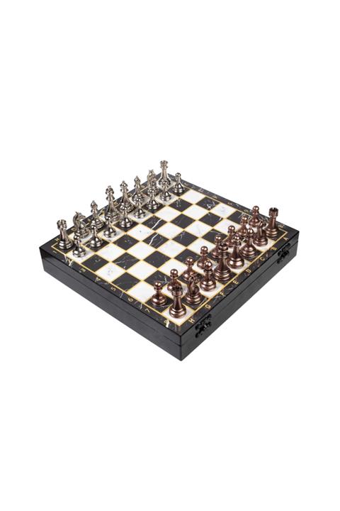 elife shop Lüks Metal Satranç Takımı Klasik Bronz Set Krom Kaplama & Mermer Desenli Saklama Sandığı 37 X 37 Cm