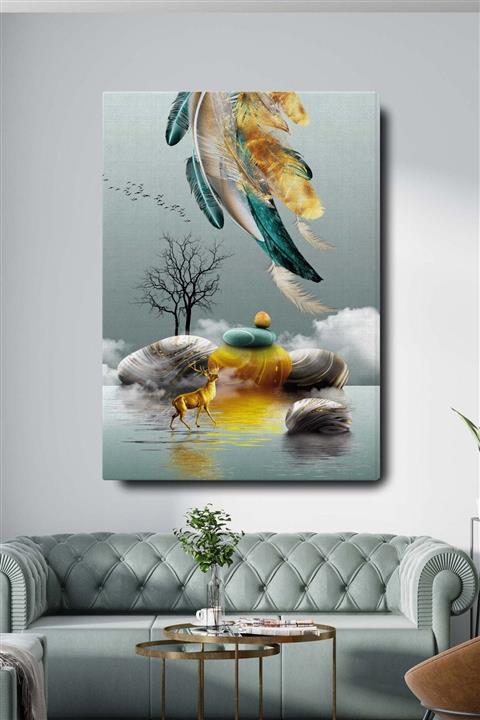 Blok Design Dekoratif Soyut Altın Geyik Tüy Ve Taş Sürreal Kanvas Duvar Tablosu