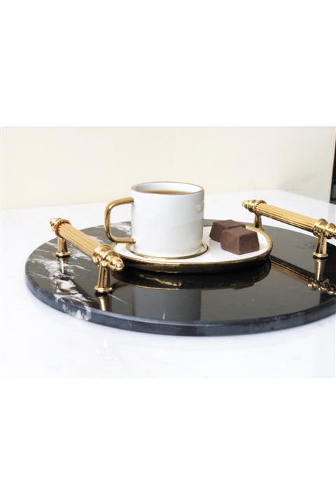 Modestmar Doğal Siyah Mermer Yuvarlak Tepsi Gold Kulp