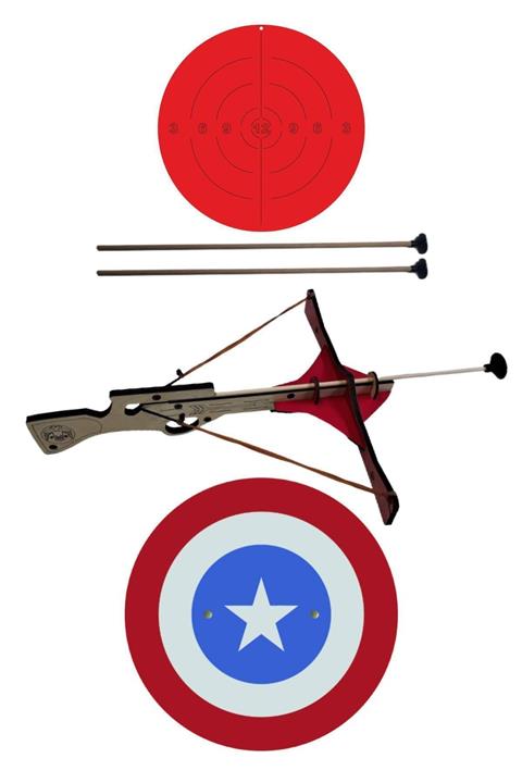 Ahtek Ahşap Oyuncak Seti 3’lü, Tetikli Arbalet (crossbow) Ok Yay + Kaptan Amerika Kalkan + Hedef