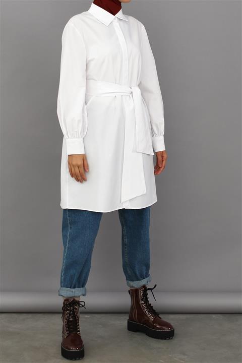 ALLDAY Beyaz Balon Kol Kemer Detaylı Gömlek Tunik