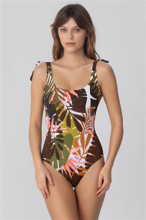 Kom Kadın Kahverengi Kaplı Yada Kapsız Kullanıma Uygun Desenli Mayo