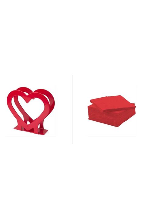 Gereksiz Şeyler 50 Adet Kırmızı Peçete Ve Kalpli Peçetelik Set