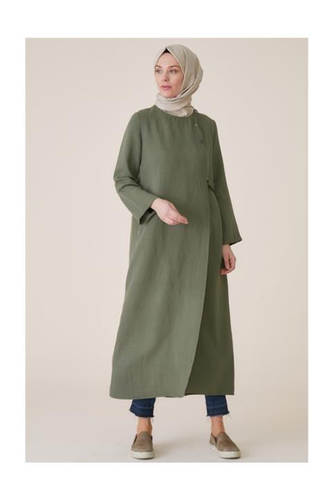 Vivezza Bağlamalı Keten Örgü Viskon Ayrobin Ferace 6824-02 Haki