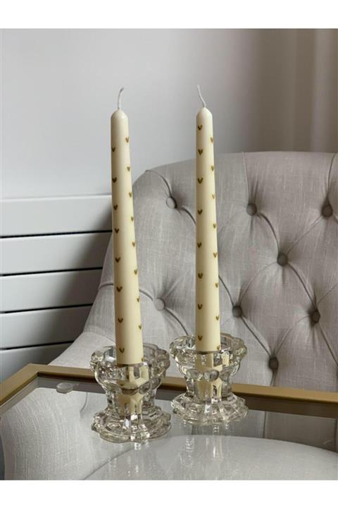 NYMPHİS Beyaz Şamdan Üstüne Altın Kalp Desenli Mum 2’li