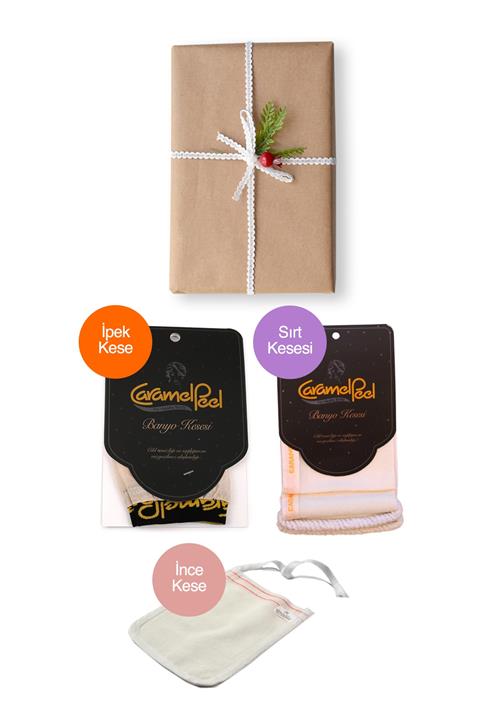 CaramelPeel Ipek Yüz Kesesi + Sırt Kesesi + Ince Kese Seti