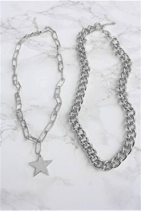 shey butik Kolye Kombin Yıldız Kalın Zincir Silver