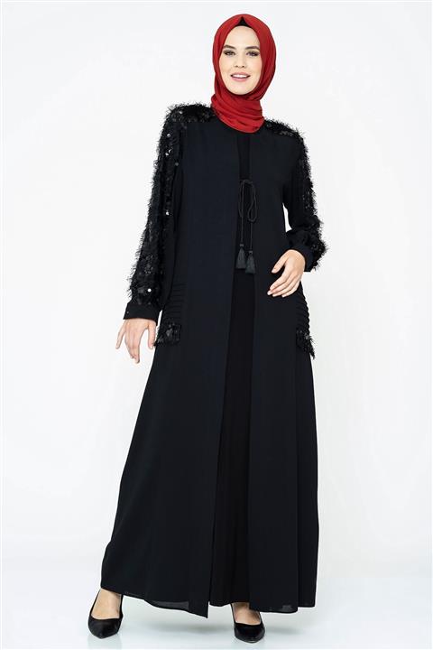 Beyza Pul Payetli Siyah Abaya Ferace 806
