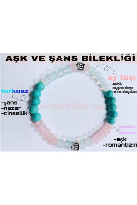 Mirad Doğal Taş Aşk Ve Şans Bilekliği - Aşk, Nazar, Şans, Sakinlik ( Ay Taşı, Pembe Kuvars, Turkuaz )