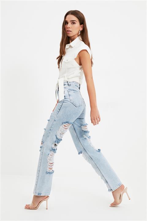 TRENDYOLMİLLA Mavi Yırtık Detaylı Yüksek Bel 90's Wide Leg Jeans Jeans TWOAW22JE0337