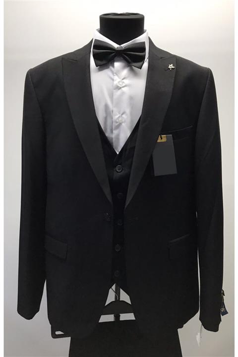 Senzo Rivolli Siyah Slim Fit Büyük Beden Yelekli Damatlık