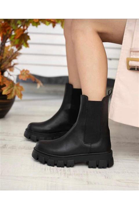 DENORA Siyah Mat Deri Yandan Lastikli Kalın Taban Günlük Bot
