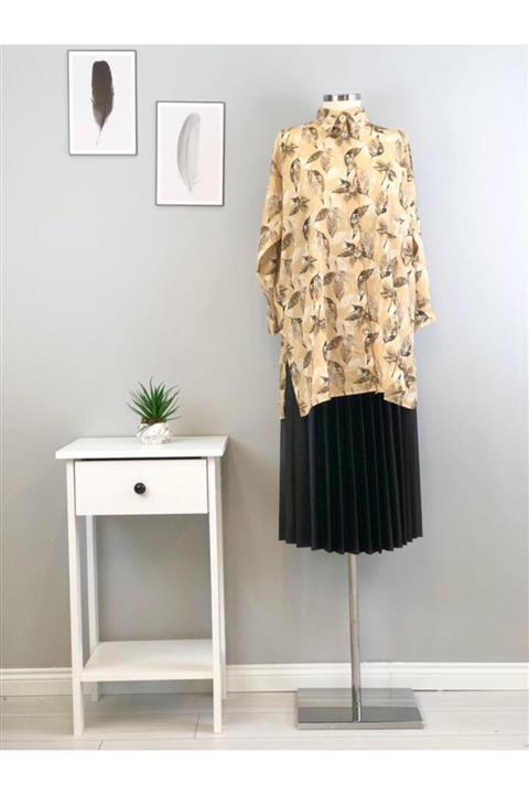İmajButik Desenli Salaş Krep Gömlek-camel/bej