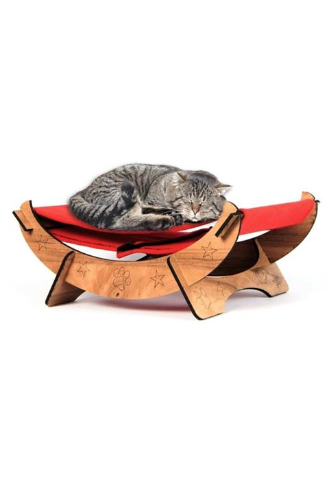 Ankaflex Ahşap Kedi Hamağı Kedi Yatağı 40cm Kedi Salıncağı Dekoratif Kırmızı Evcil Hayvan Hamak