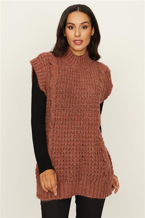 Select Moda Kadın Kahverengi Dik Yaka Örgü Detaylı Triko Süveter