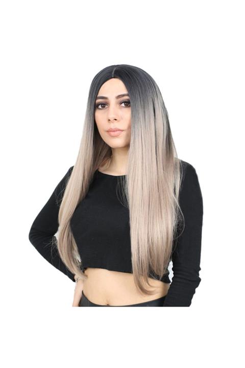 Peruk Market Siyah  Küllü Bebek Sarı Ombreli Fiber Sentetik Uzun Düz Peruk