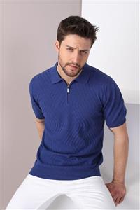 Ferraro Indigo Polo Yaka Zigzag Desen %100 Pamuk Erkek Triko T-shirt