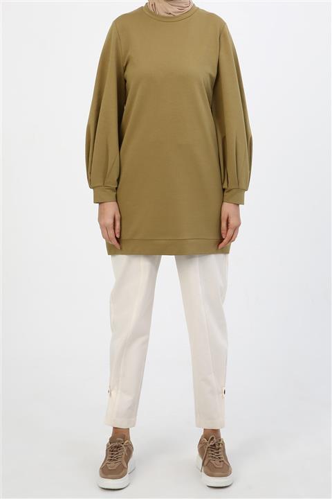 ALLDAY Kadın Yağ Yeşili Pileli Balon Kollu Tesettür Sweatshirt