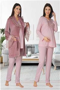 Effortt Mayss Collections 8088 Pudra Pembe Renk Kadife Sabahlıklı Lohusa Pijama Takımı