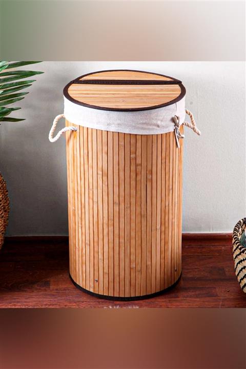 Porsima Pr33125 Katlanabilir Yuvarlak Bambu Çamaşır Sepeti Naturel