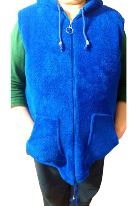 eLm Kadın Mavi Kapüşonlu Büyük Beden Cepli Peluş Yelek